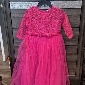 Girls Hot Pink Lace & Tulle Party Dress with Bow